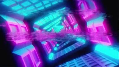 复古未来派，在广场的金属走廊飞行，80年代复古科幻。荧光紫外线，现代彩色照明，4k循环动画